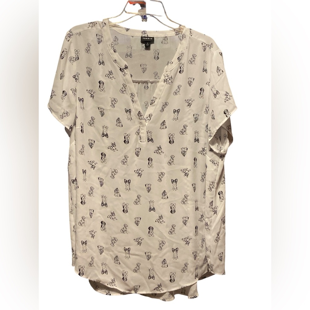 Torrid white Blouse with Black doggie Print